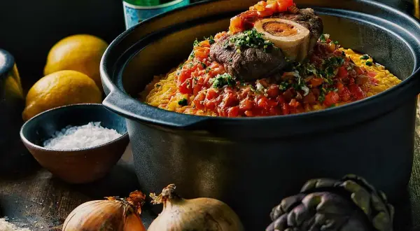 En mustig risotto milanese med en saftig köttbit och tomatsås, omgiven av citroner, lök och kronärtskocka.