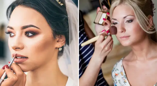 Trucco sposa naturale: un primo piano di due spose che si preparano, una con un velo e una tiara, l'altra mentre riceve un tocco di fard.