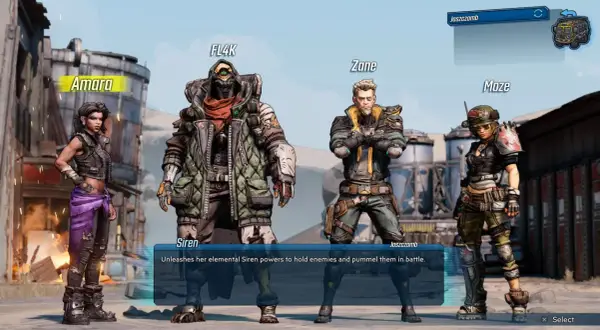 Amara, FL4K, Zane i Moze – cztery **borderlands 3 postacie** gotowe do walki.