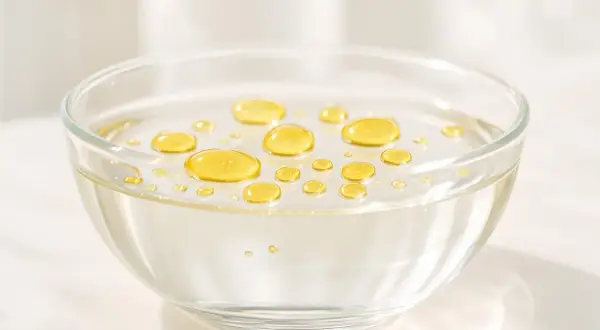 Gocce dorate di olio feci che galleggiano sulla superficie di un liquido trasparente in una ciotola di vetro.