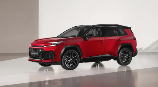 Czerwony SUV Toyota RAV4 GR SPORT, jeden z wielu modeli Toyoty, prezentuje sportowy design z czarnymi akcentami i felgami.