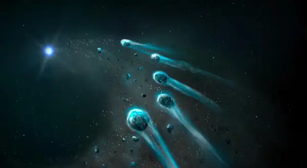Un gruppo di comete 375, illuminate da una stella blu, sfrecciano nello spazio lasciando scie luminose.