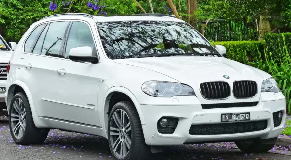 Białe BMW X5 na tle zieleni. Wiele osób szuka bmw x5 opinie przed zakupem.