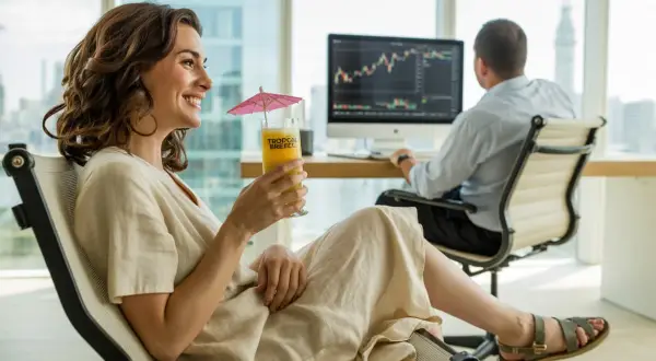 Kobieta z drinkiem i parasolką obserwuje wykresy na monitorze, podczas gdy mężczyzna pracuje. Czy trading jest legalny? Tak, a wyniki mogą być relaksujące.