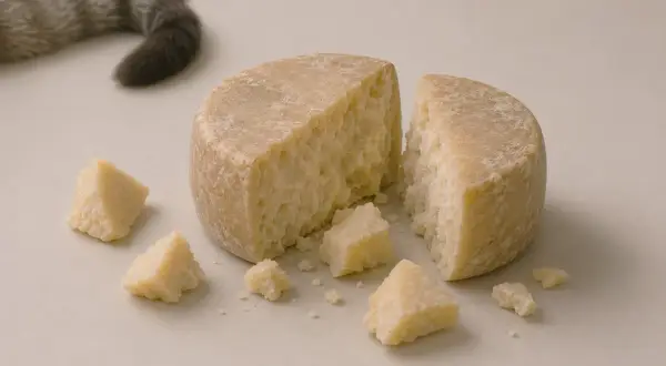 Un trozo de queso duro, partido en dos, con trozos pequeños esparcidos. La cola de un gato se asoma, sugiriendo que los gatos pueden comer queso.