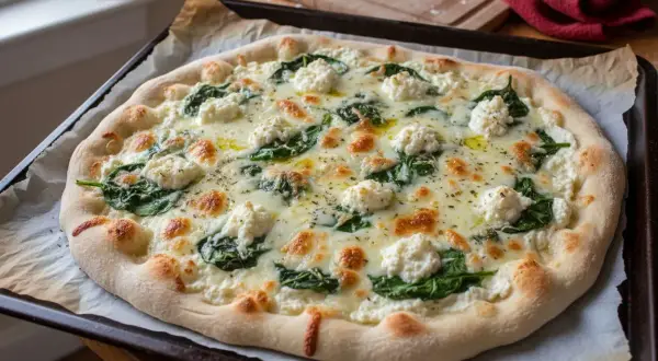 Pizza blanche garnie d'épinards frais et de généreuses touches de ricotta crémeuse, le tout sur une pâte dorée. Un délice !