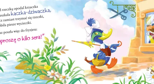 Kaczka dziwaczka z wiersza, z parasolką i koszykiem, idzie do fryzjera. Obok fryzjer strzygący klienta.