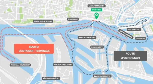 Karte des Hamburger Hafens mit Routen für Container-Terminals und Speicherstadt. Perfekt für deinen Hamburg Blog!