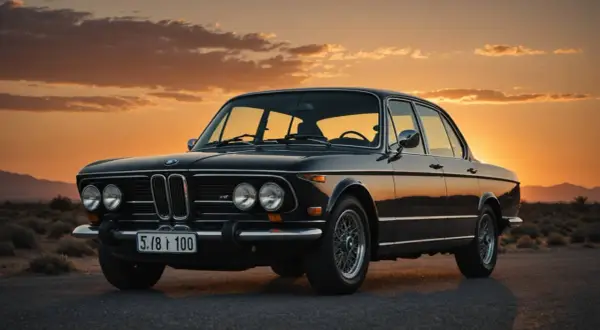 En klassisk svart BMW 2002 står parkerad mot en dramatisk solnedgång. En tidlös skönhet bland BMW-modeller genom tiderna.