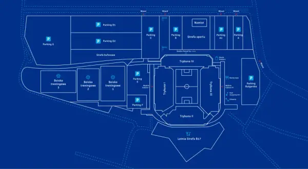 Schemat Enea Stadion Poznań: boiska treningowe, parkingi (A, A1, B, C, D1, D2, E, F, G, Bułgarska), trybuny, restauracja, klub muzyczny.