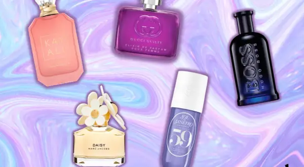 Kolekcja perfum: różowy Kayali, fioletowy Gucci Guilty, żółty Daisy, niebieski Hugo Boss i fioletowy Sol de Janeiro. Intensywna fiołka w tle.