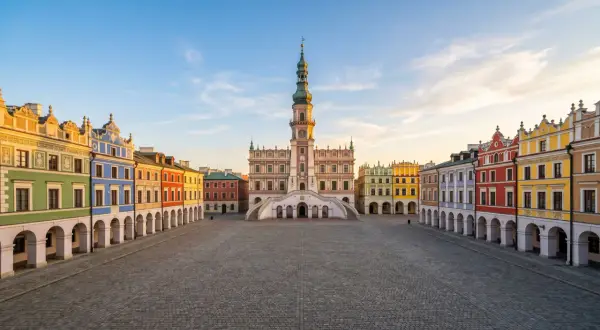 Rynek w Zamościu z kolorowymi kamienicami i ratuszem.