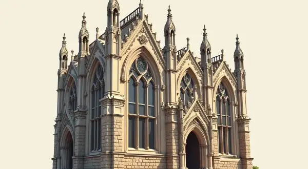 Kamienna budowla z licznymi wieżyczkami i ostrymi łukami, idealny przykład architektury romantyzmu.