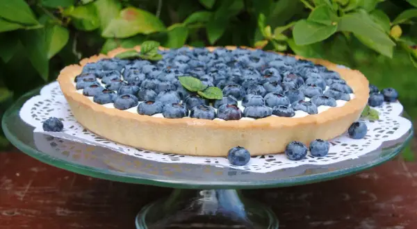 Pyszna tarta z borówkami, udekorowana listkami mięty, prezentuje się apetycznie na szklanej paterze.