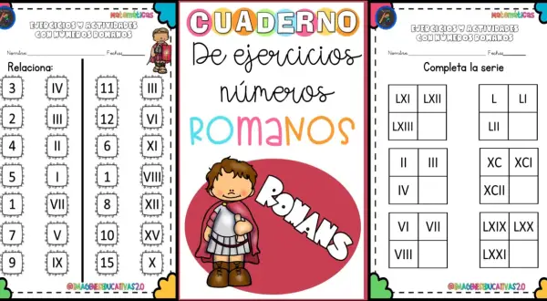 Hoja de ejercicios para practicar fichas de números romanos, con actividades de relacionar y completar series.
