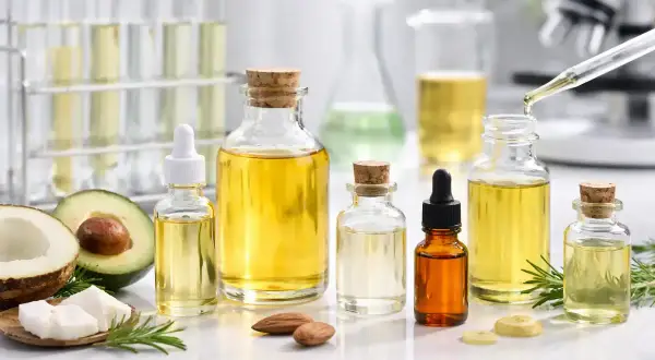 Butelki z olejkami, w tym potencjalnie hydrogenated vegetable oil, obok awokado, kokosa i migdałów. W tle probówki i mikroskop.