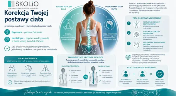 Grafika przedstawia kobietę z zaznaczonym kręgosłupem, ilustrująca korekcję postawy ciała na poziomie fizycznym i mentalnym.