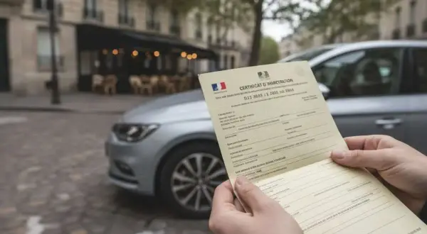 Main d'une personne tenant un certificat d'immatriculation (carte grise) devant une voiture argentée garée dans une rue pavée.