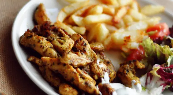 Pyszna shoarma z kurczaka z chrupiącymi frytkami i świeżą sałatką. Idealny posiłek na szybki obiad.