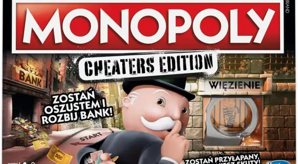 Pudełko gry Monopoly Cheaters Edition z postacią pana Monopoly, bankiem i więzieniem.