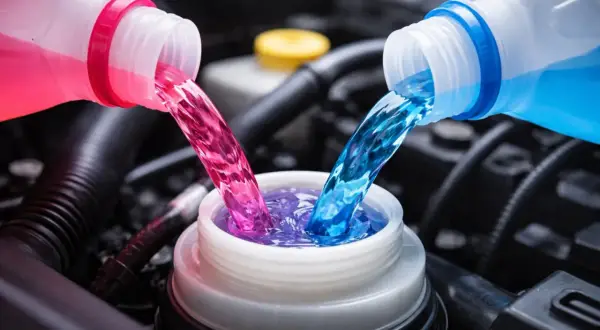 Deux liquides de refroidissement, rose et bleu, se mélangent dans un réservoir. La question est : peut-on mélanger les liquides de refroidissement ?