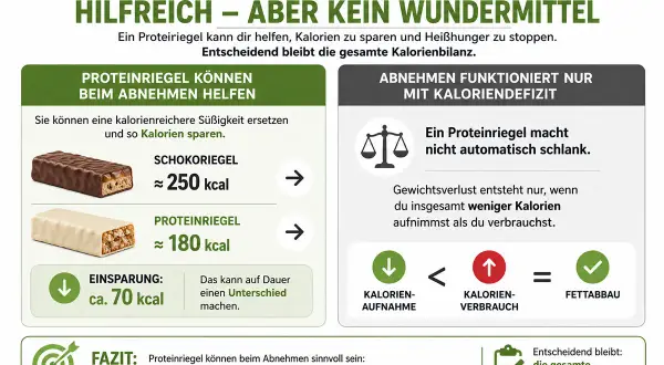 Ein proteinriegel gesund kann helfen, Kalorien zu sparen. Ersetzt man einen Schokoriegel (250 kcal) durch einen Proteinriegel (180 kcal), spart man 70 kcal.
