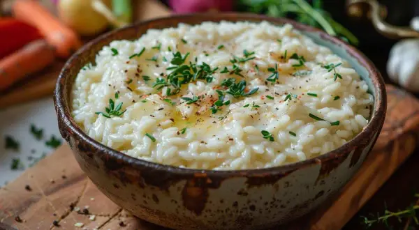 Un crémeux risotto, garni de thym frais et d'un filet d'huile d'olive. Une recette parfaite pour un repas réconfortant.