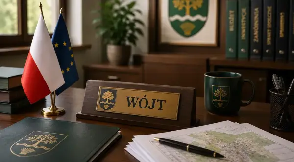 Biurko wójta z tabliczką, flagami Polski i UE, mapą i dokumentami. Zastanawiasz się, ile zarabia wójt?