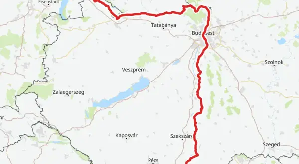 Trasa rowerowa EuroVelo 6 wzdłuż Dunaju, od Bratysławy przez Budapeszt po Szekszárd, z zaznaczonymi miastami i jeziorami.