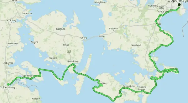 Trasa rowerowa EuroVelo 10 w Niemczech i Danii, od Flensburga przez wyspy duńskie do Kopenhagi.