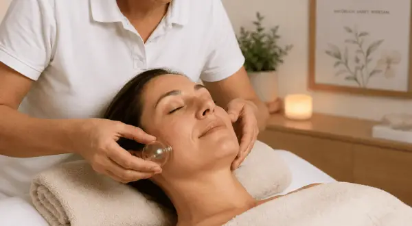 Eine Frau erhält eine entspannende Gesichtsmassage mit Schröpfgläsern. Die Therapeutin wendet die Gläser sanft auf der Haut an.