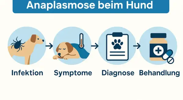 Illustration zeigt den Verlauf von Anaplasmose beim Hund: Zeckenbiss (Infektion), kranker Hund mit Fieber (Symptome), Diagnose auf einem Klemmbrett und Medikamente (Behandlung).