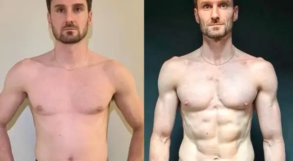 Mann vor und nach dem Training. Die Frage "gewichtszunahme durch sport wie viel ist normal" wird durch die sichtbare Muskeldefinition beantwortet.