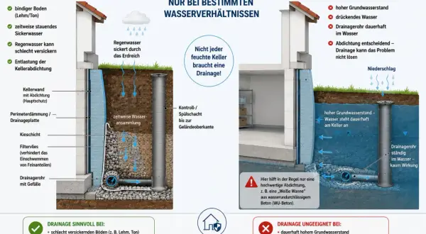 Schema zeigt eine sinnvolle Drainage bei bindigem Boden und Sickerwasser, die Keller vor Feuchtigkeit schützt.