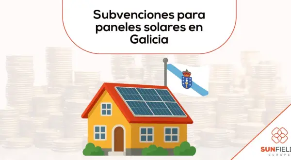 Casa con paneles solares y bandera de Galicia. Montones de monedas sugieren subvenciones para placas solares en Galicia.
