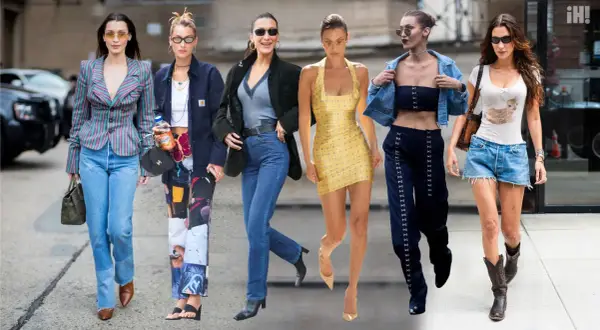 Bella Hadid luce varios atuendos, desde un traje a rayas hasta shorts vaqueros y botas.
