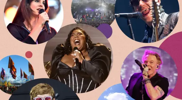 A collage of Glastonbury headliners: Lana Del Rey, Lizzo, Alex Turner, Axl Rose, and Elton John, with a view of the Pyramid Stage and the festival sign.