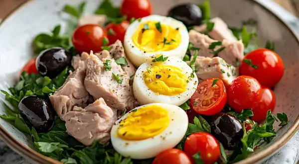 En härlig sallad nicoise med tonfisk, ägg, tomater och svarta oliver på en bädd av gröna blad.