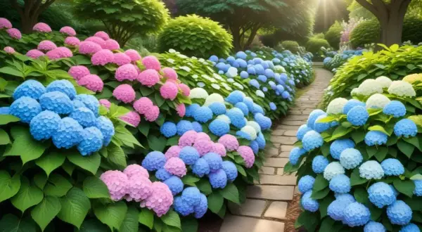 En vacker trädgårdsgång kantad av fluffiga hydrangea paniculata i rosa och blått. Solen strålar genom träden.