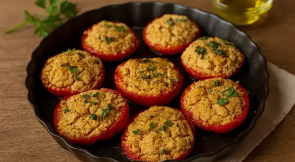 Pomodori al forno alla pugliese, ripieni e dorati, pronti per essere gustati.