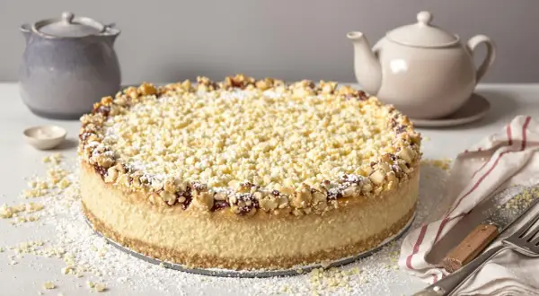 Käsekuchen mit Streuseln und Nüssen, inspiriert von Landfrauen Kuchen Rezepten. Puderzucker bestäubt die Krümel und den Rand.