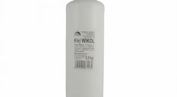 Biała butelka kleju Wikol z etykietą zawierającą informacje o produkcie i wadze 0,5 kg.