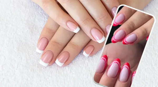 Dłonie z klasycznym french manicure i odważnym odwróconym frenchem w intensywnym różu.