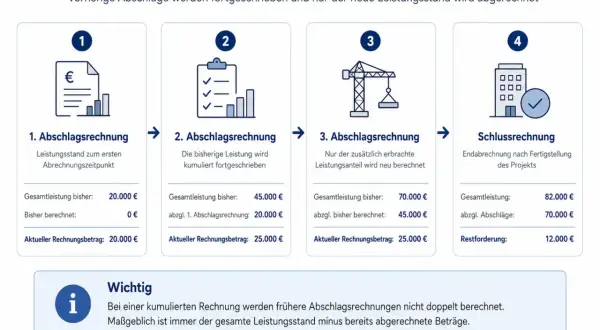 Schema erklärt kumulierte Rechnung im Bau: 4 Schritte von Abschlagsrechnungen bis zur Schlussrechnung, wobei frühere Beträge angerechnet werden.
