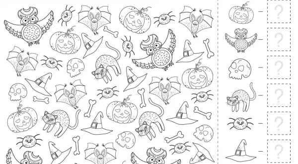 Zabawne zagadki na Halloween: znajdź nietoperze, dynie, sowy, pająki, koty, czapki czarownic i kości.