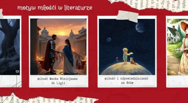 Motywy miłości w sztuce: mroczna królowa, rycerz i dama, Mały Książę z Różą, dziewczyna z książką.