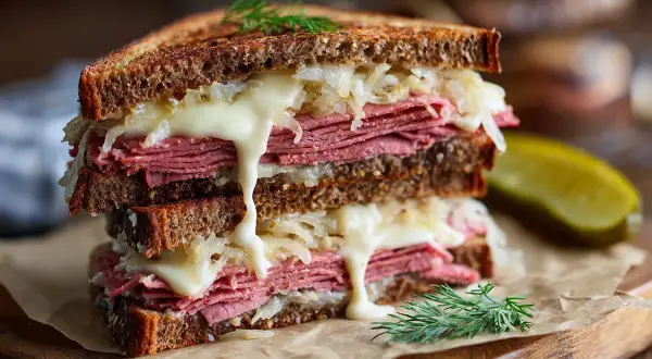 En saftig reuben sandwich med smält ost, krispig surkål och dill. En klassiker som smakar himmelskt.