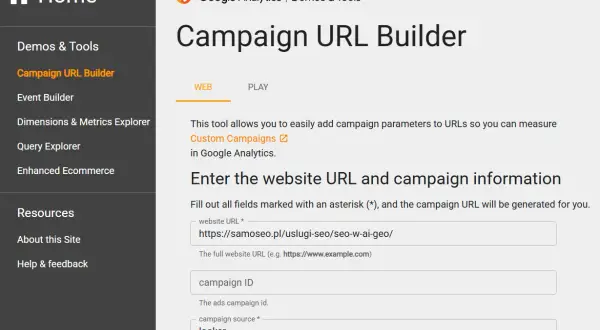 Narzędzie Google Analytics do tworzenia linków z parametrami kampanii. Uzupełnij dane, aby wygenerować linki UTM.