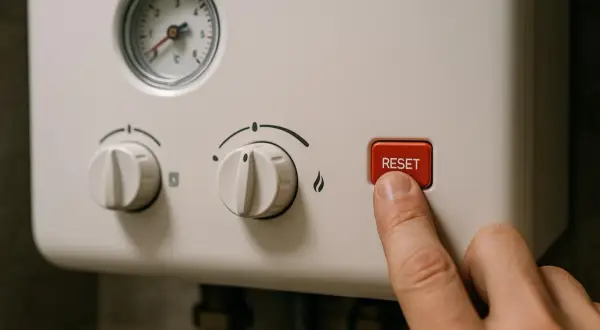 Palec naciska przycisk RESET na piecu gazowym dwufunkcyjnym, który sam się włącza.