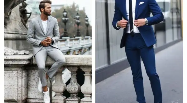 Homme en costume gris décontracté, et homme en costume bleu élégant. Un style vestimentaire qui ne manque pas de panache, comme un basket costume.
